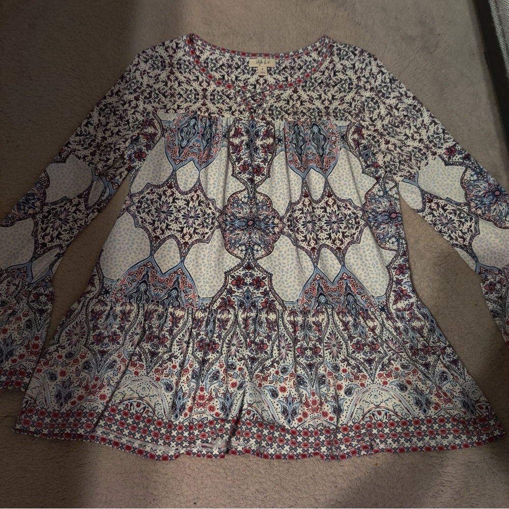 Style & Co Boho Tunic Top Size Medium Floral Artful Femme Mosaic Wonder Bell